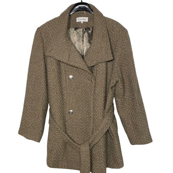 Calvin Klein Wool Blend Textured Double Breasted Pea Coat Brown Tan Sz 3X Belt - Picture 1 of 8
